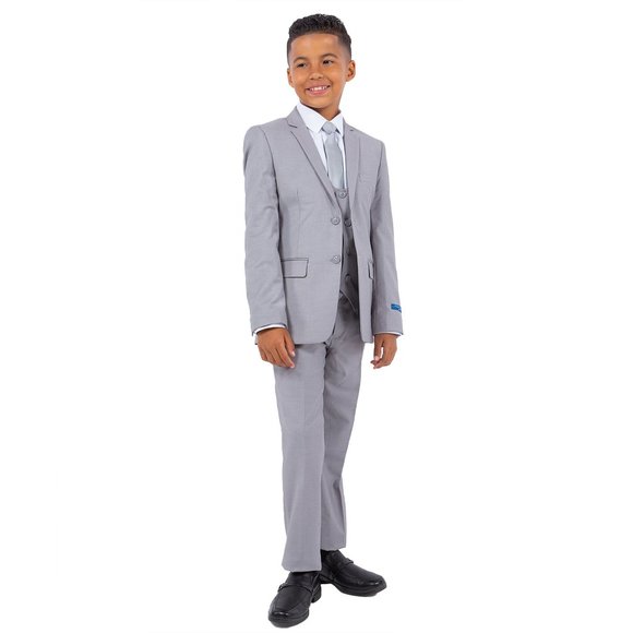5-Piece Perry Ellis Portfolio Boys Slim Fit Solid Suit, Light Grey - Picture 4 of 7
